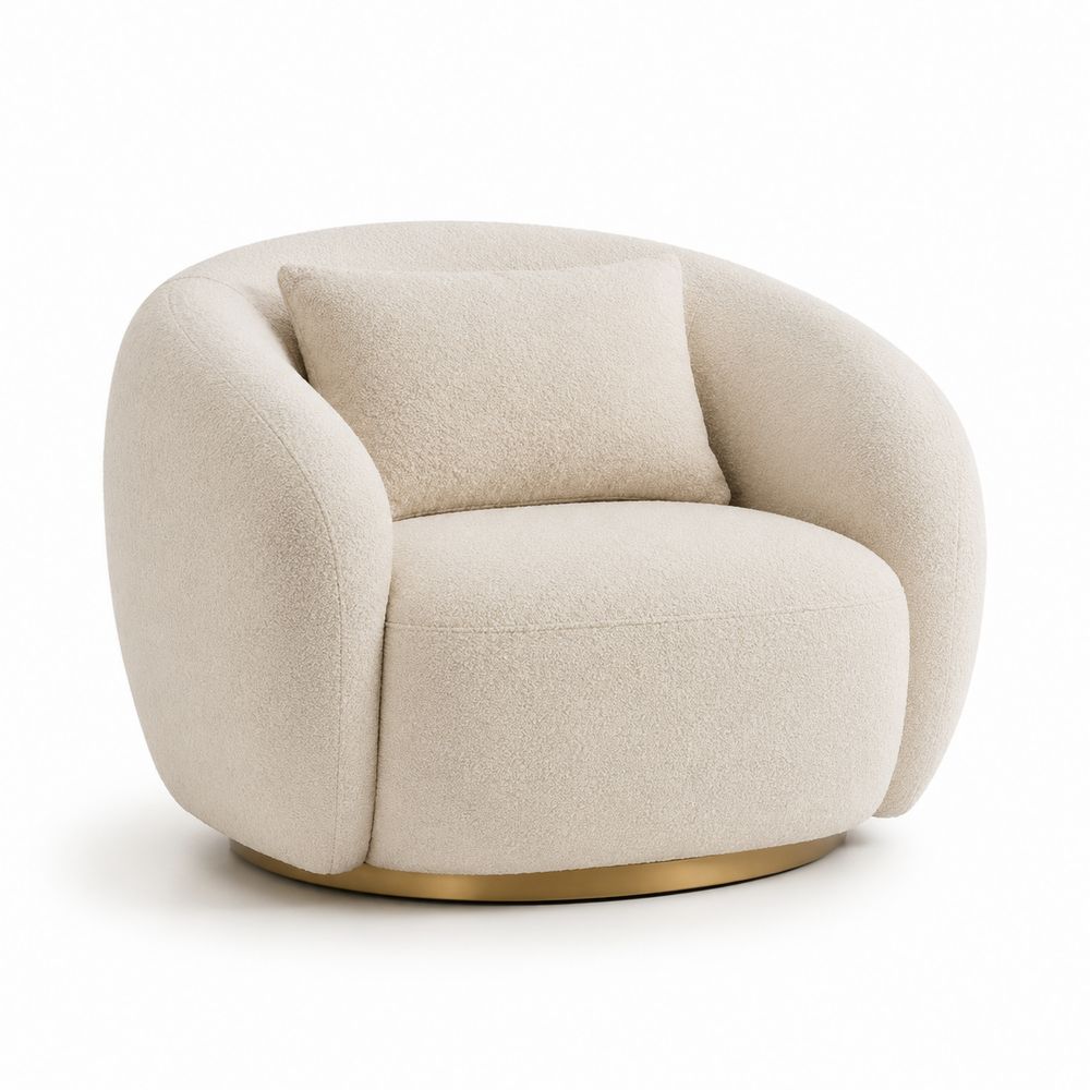 Poltrona in Bouclé con Base Rotonda in Metallo Crema