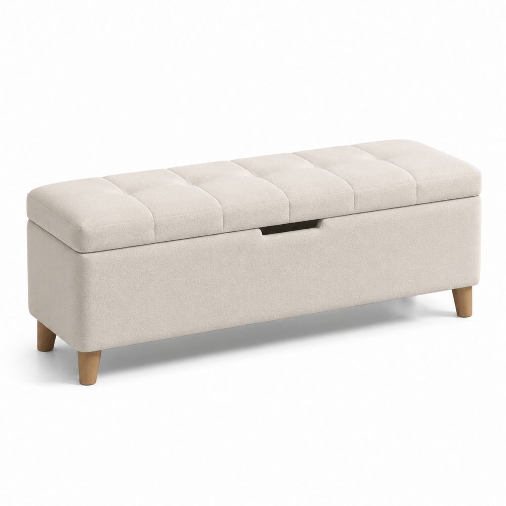 Panca contenitore in tessuto con gambe in legno