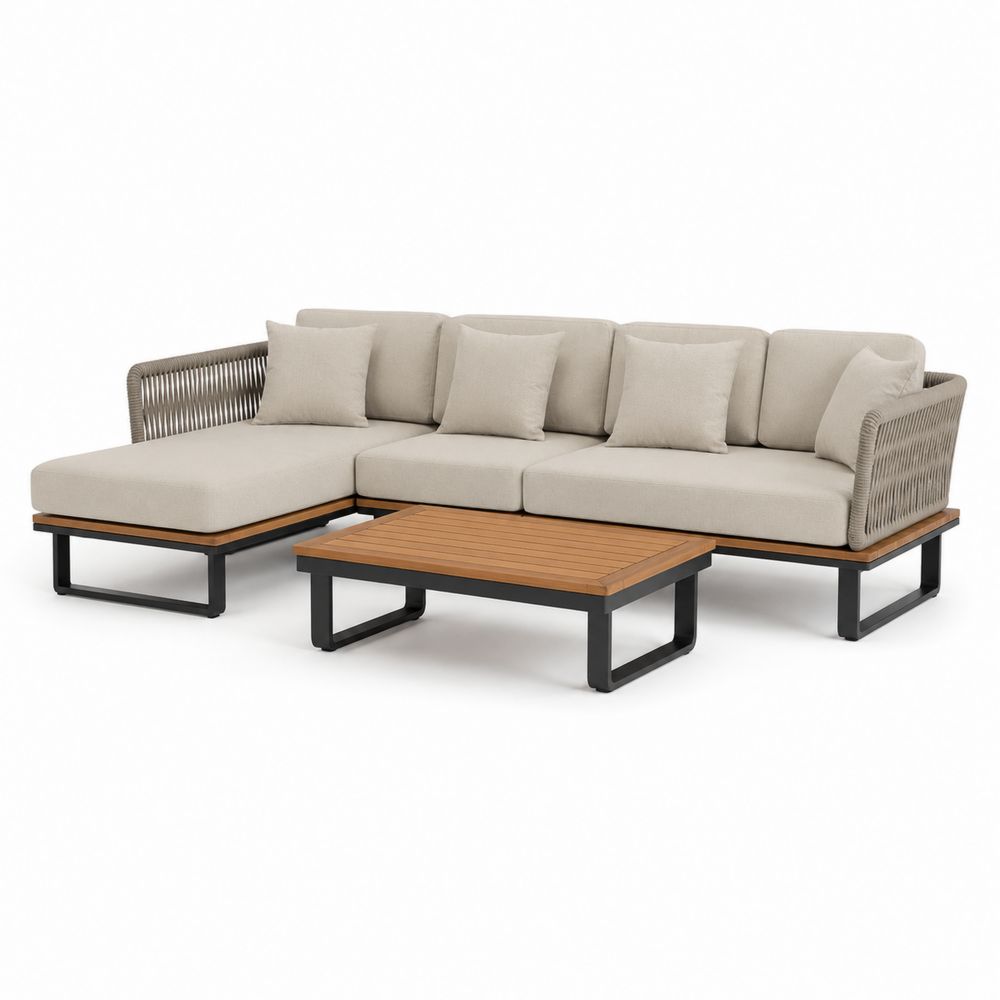 Set da Giardino in Legno e Alluminio con Divano Angolare e Tavolino