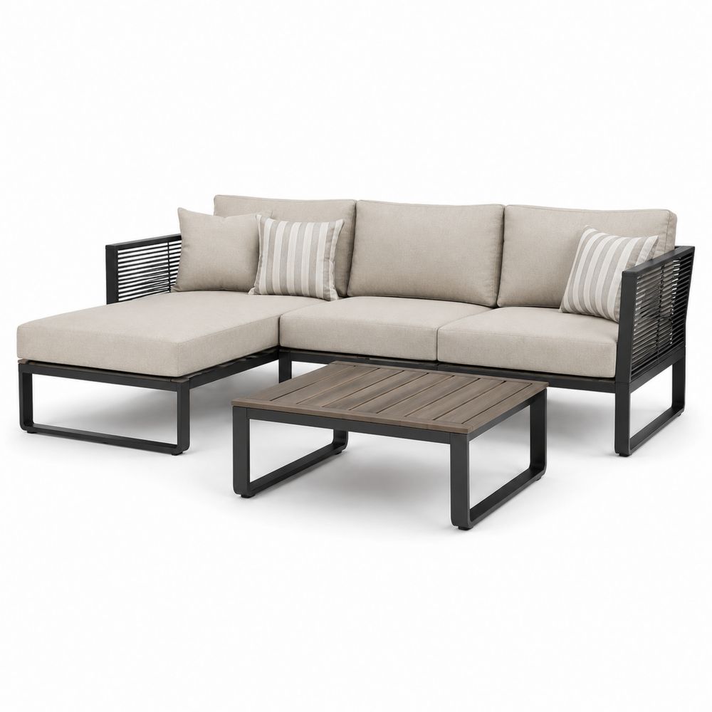 Divano angolare da giardino in metallo e tessuto beige con tavolino