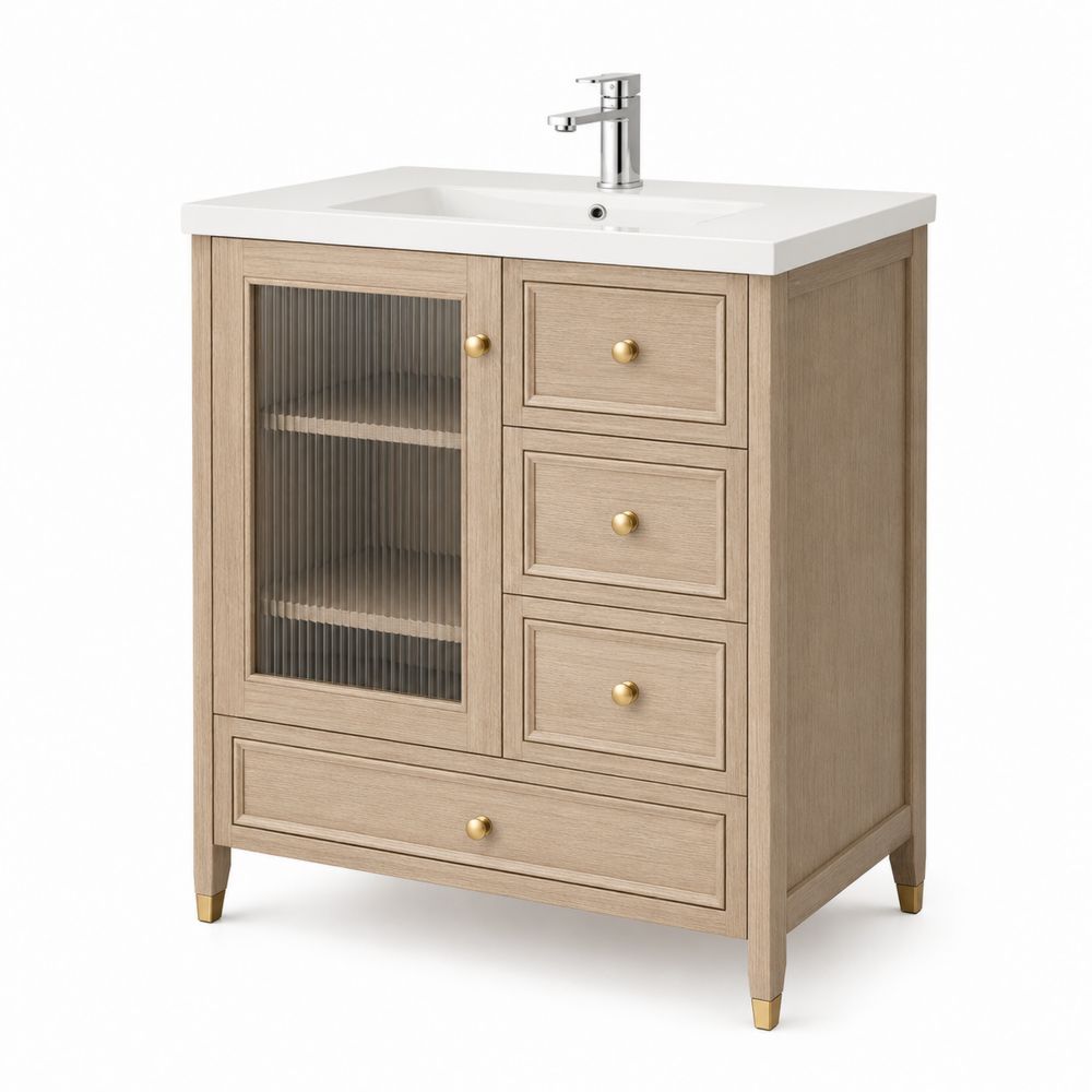 Mobile lavabo singolo in legno con lavandino in ceramica e porta in vetro temperato