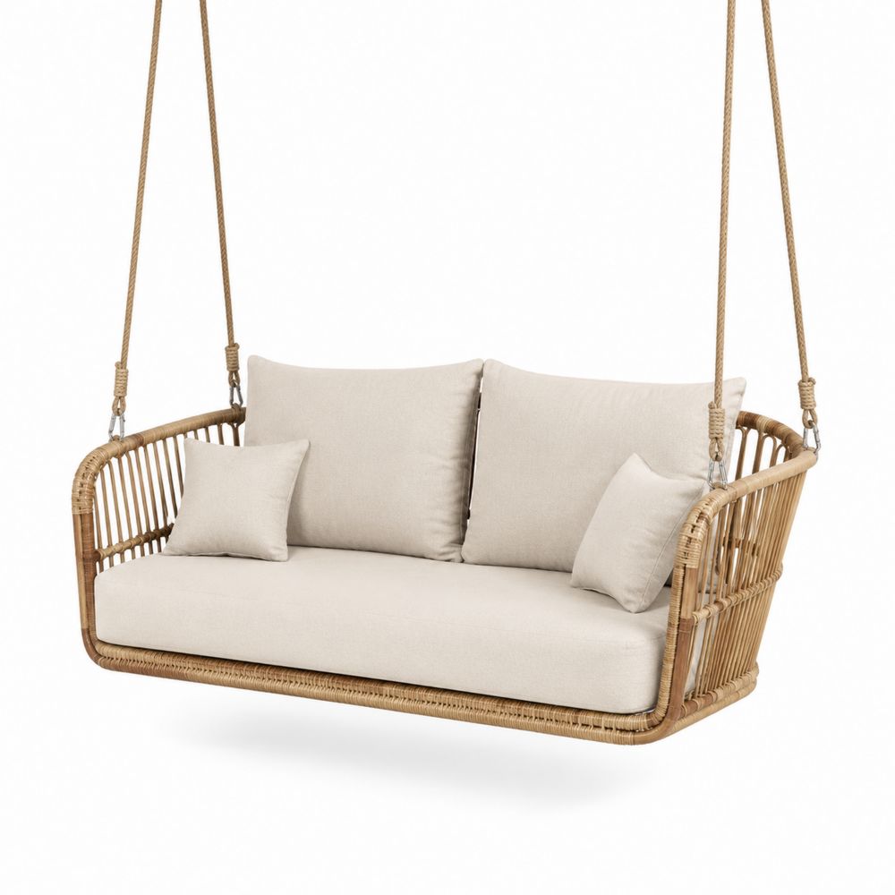 Altalena da Giardino in Rattan con Cuscini in Tessuto Poliestere Beige