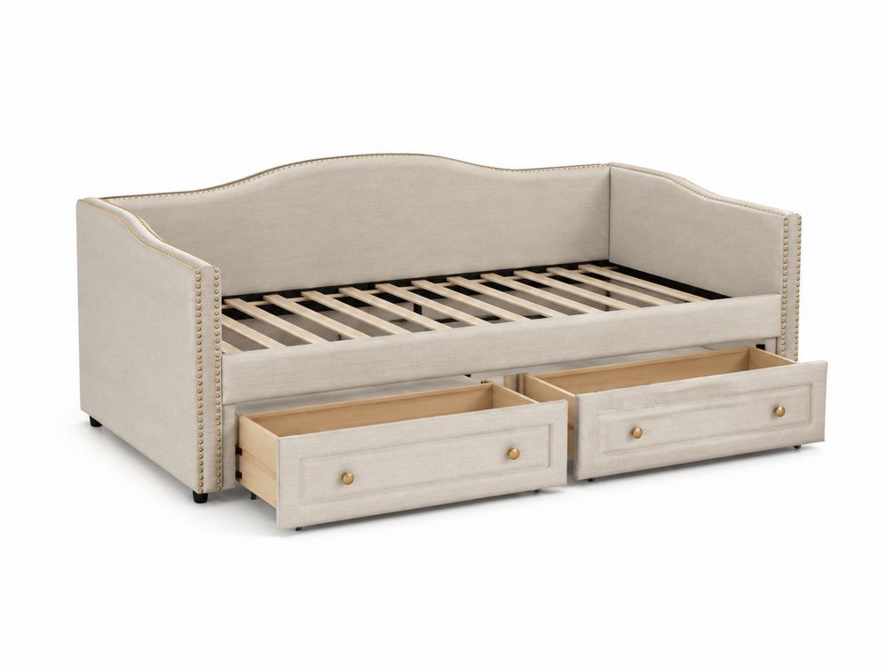 Daybed in Tessuto di Lino Beige con Cassetti