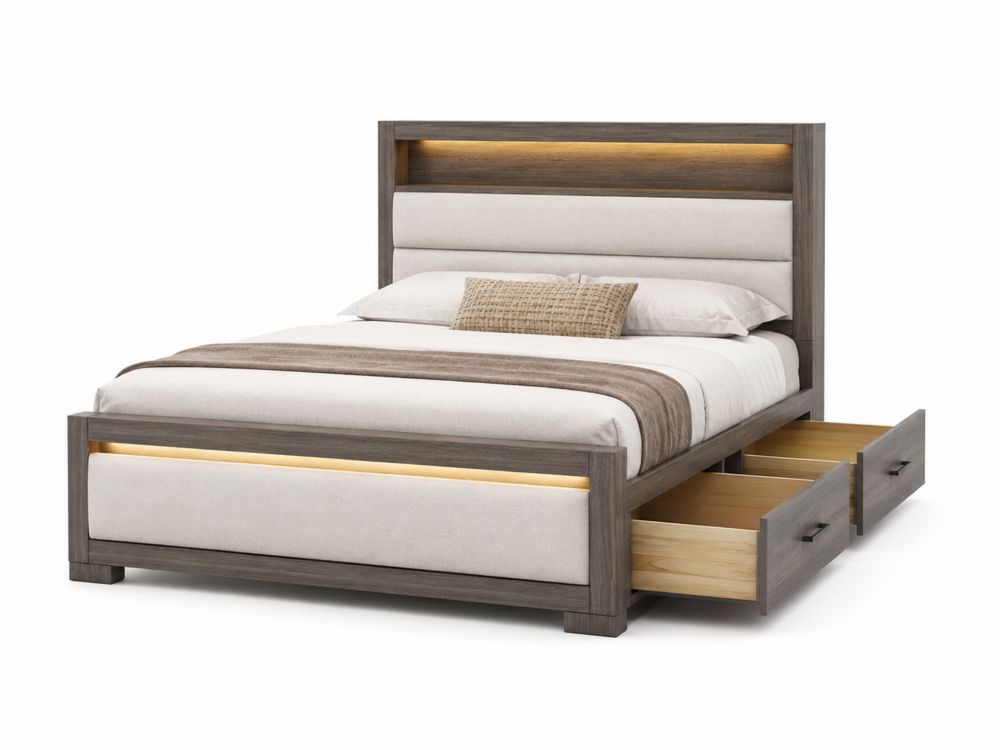 Letto matrimoniale in legno con cassetti e LED