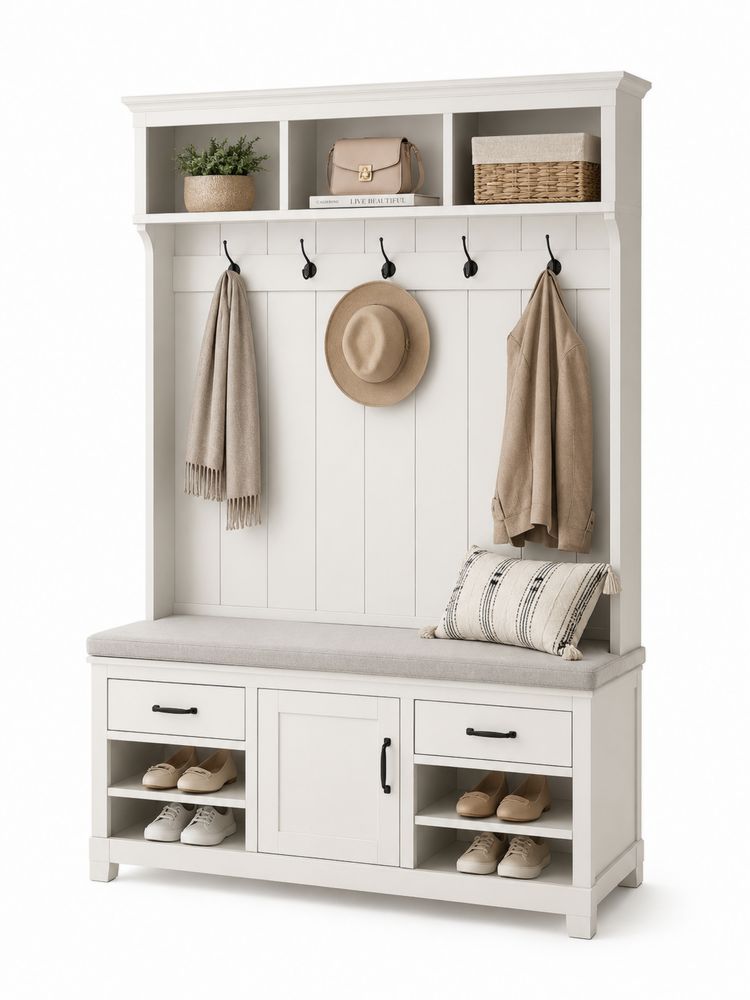 Appendiabiti in Legno con Panca e Scaffali Bianco