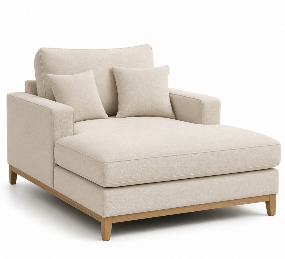 Chaise Longue in Tessuto Beige con Struttura in Legno