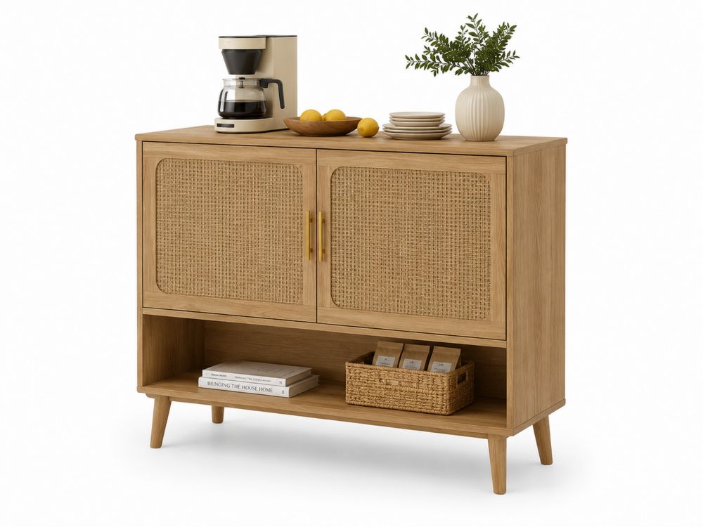 Credenza in Legno con Ante in Rattan 120x40x85 cm