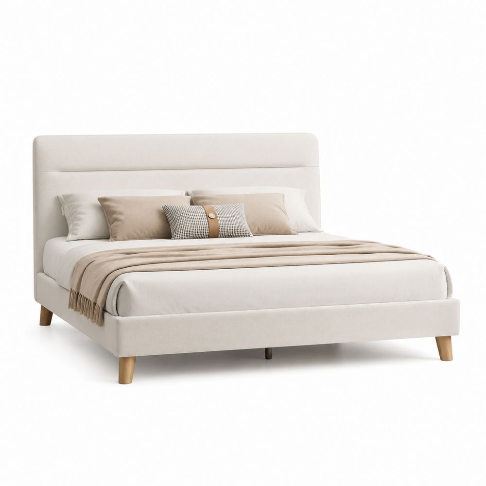 Letto matrimoniale in tessuto beige con piedi in legno