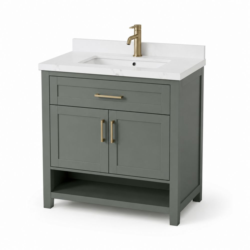 Mobile bagno in legno con lavabo in marmo e rubinetto in metallo, Grigio