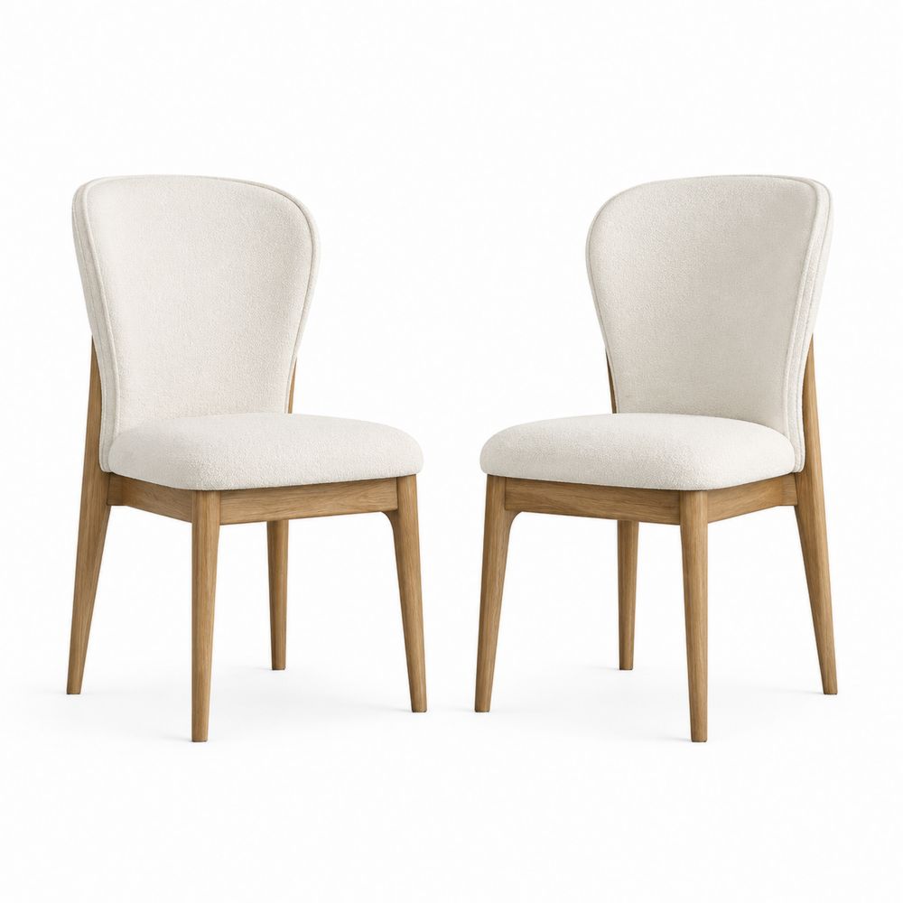 Set di 2 sedie in tessuto boucle con struttura in legno di quercia, colore Crema, 90 cm