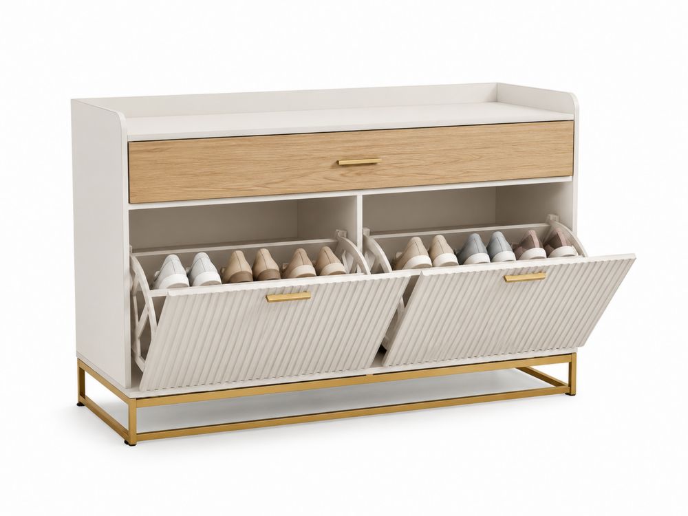 Scarpiera in Legno con Cassetto e Scomparti Ribaltabili, Bianco, Rovere e Oro