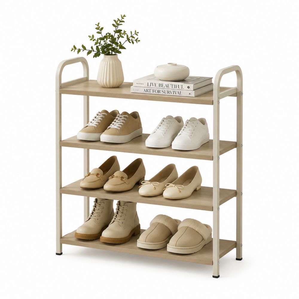 Scarpiera a 4 Ripiani in Metallo e Legno, Beige