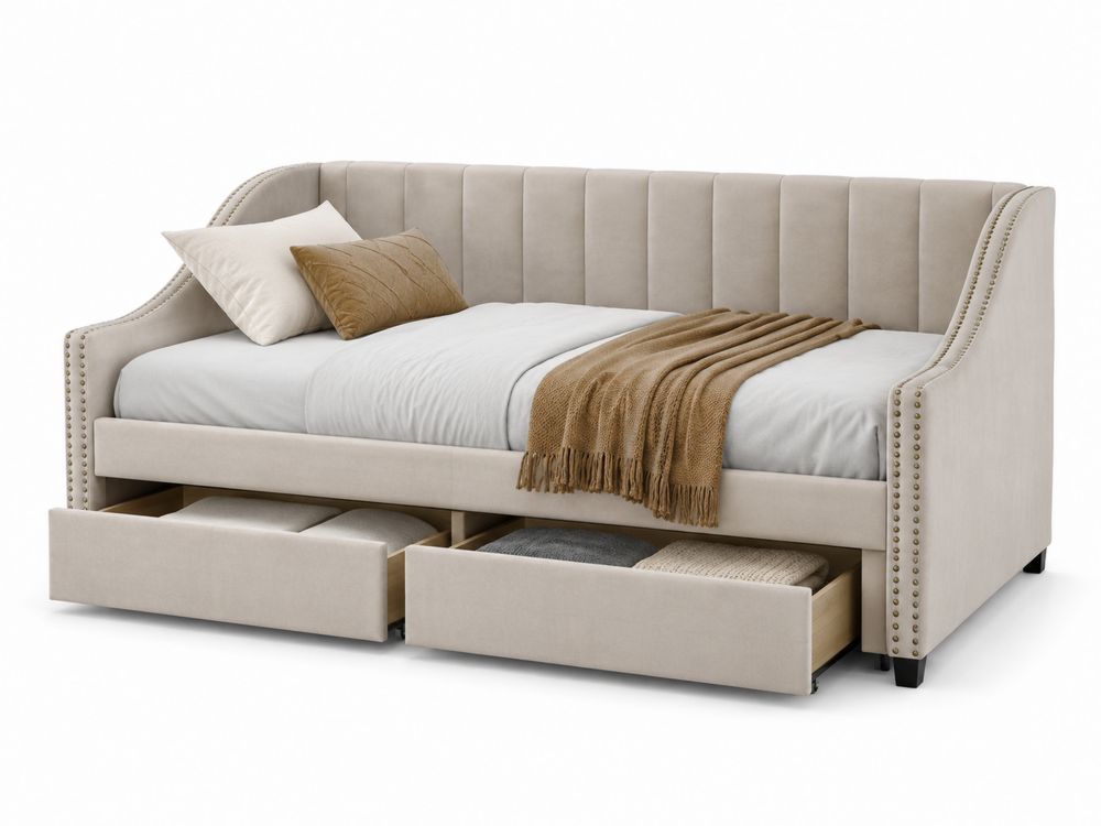 Divano Letto in Tessuto con Cassetti Beige