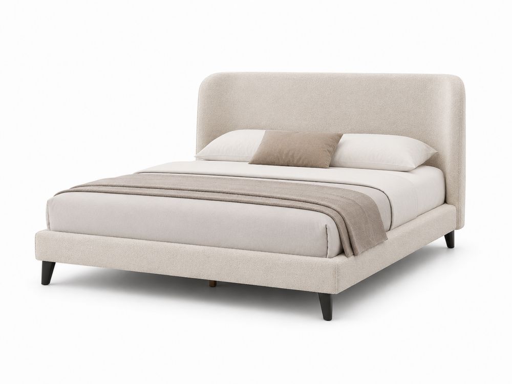 Letto matrimoniale in tessuto beige con testiera curva