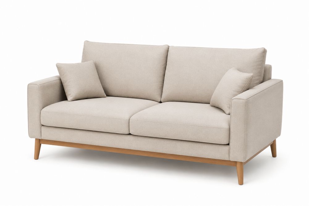 Divano in Tessuto Beige con Gambe in Legno Massello