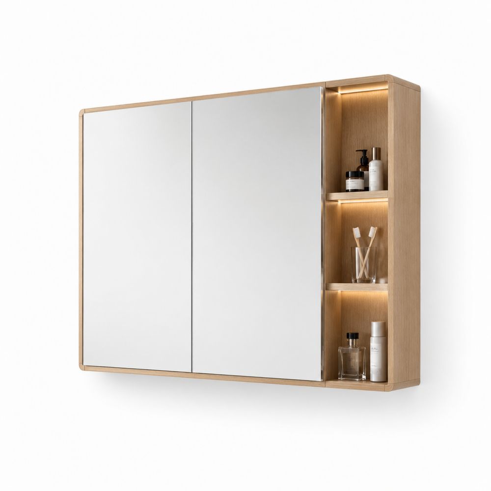 Specchiera contenitore in legno di quercia con ante a specchio e illuminazione LED