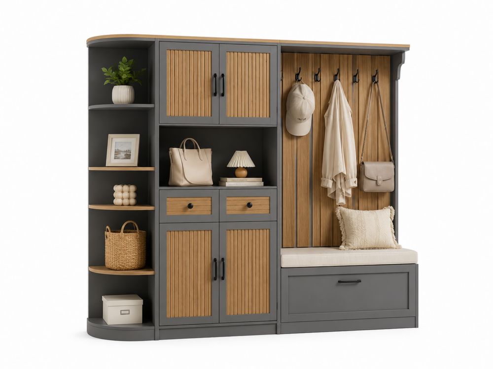 Guardaroba multifunzionale in MDF con panca e libreria Grigio e Legno
