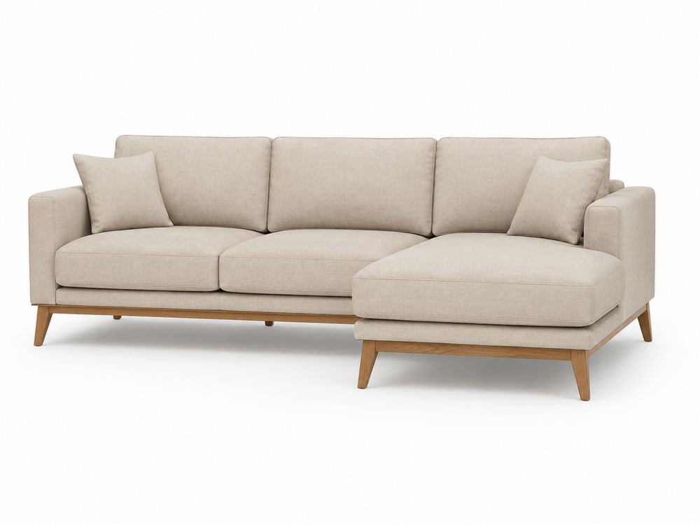 Divano angolare con chaise longue in tessuto e gambe in legno Beige