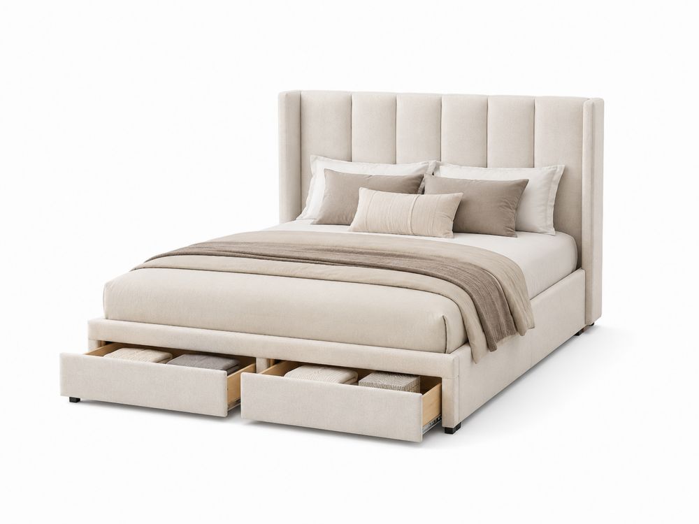 Letto matrimoniale imbottito con cassetti in tessuto beige