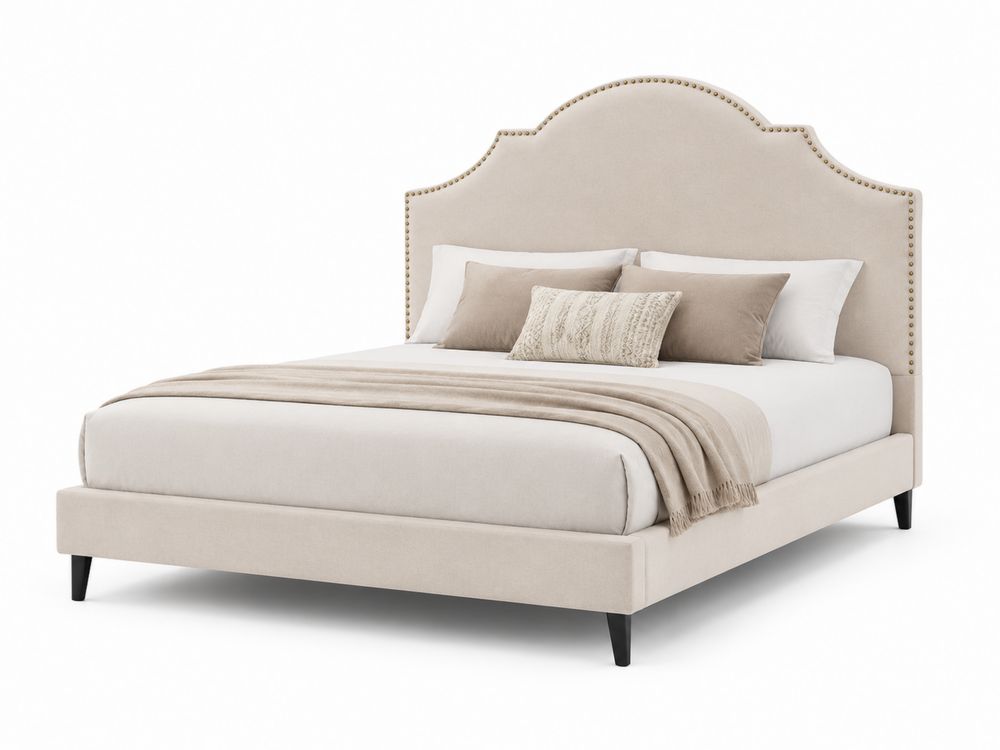 Letto matrimoniale imbottito con testiera arcuata in legno e tessuto Beige