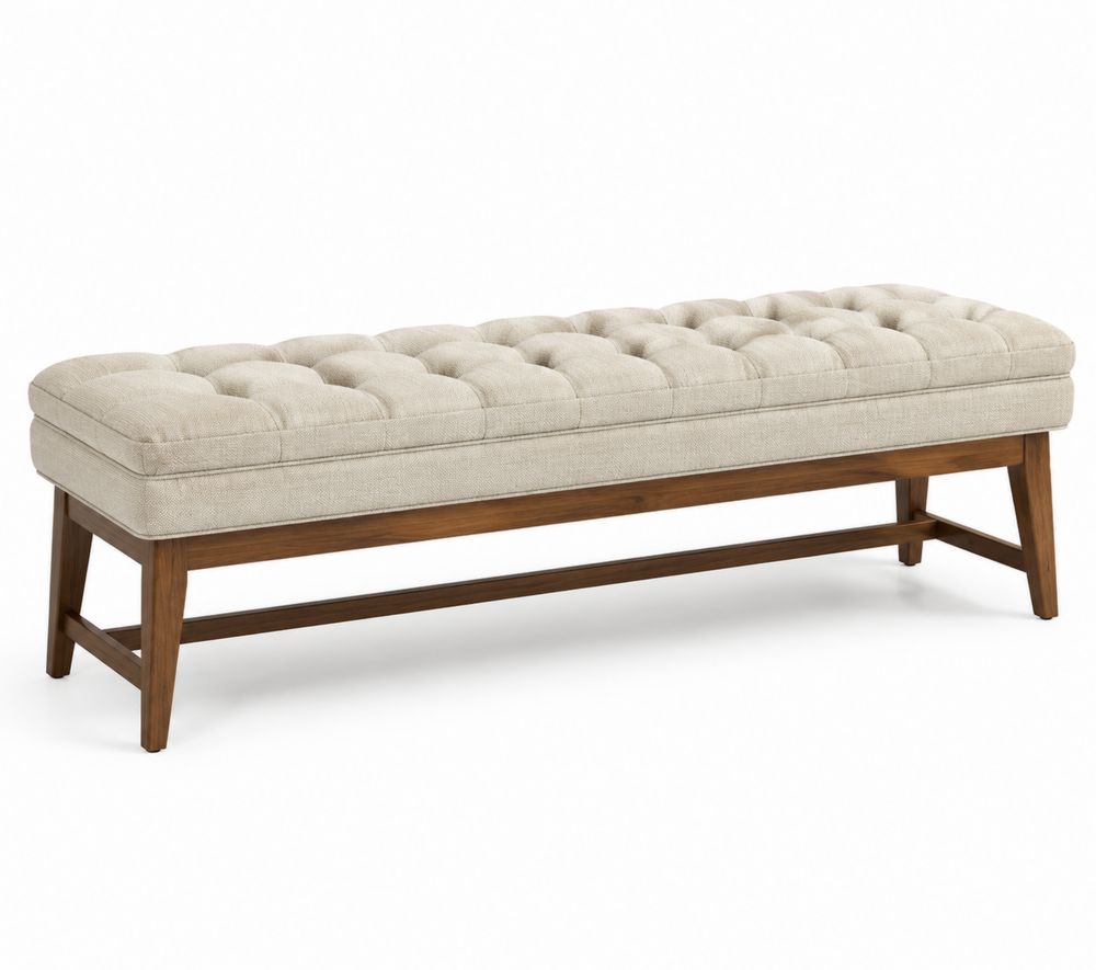 Panca in Legno con Rivestimento in Tessuto di Lino Beige