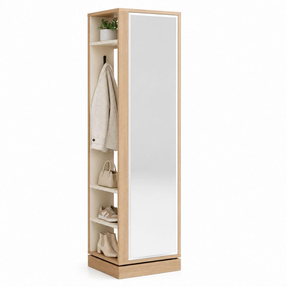 Appendiabiti girevole con specchio e scaffali in legno chiaro