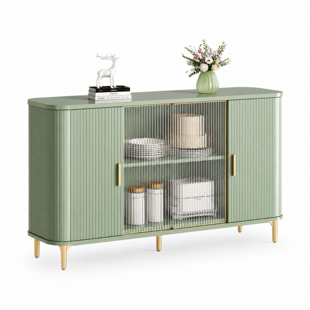 Credenza in Legno Verde con Ante in Vetro Scanalato e Gambe in Metallo Oro