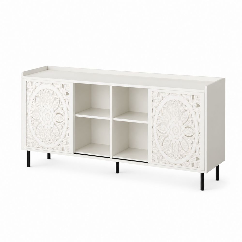 Credenza in MDF intagliato bianco con ante scorrevoli e ripiani aperti