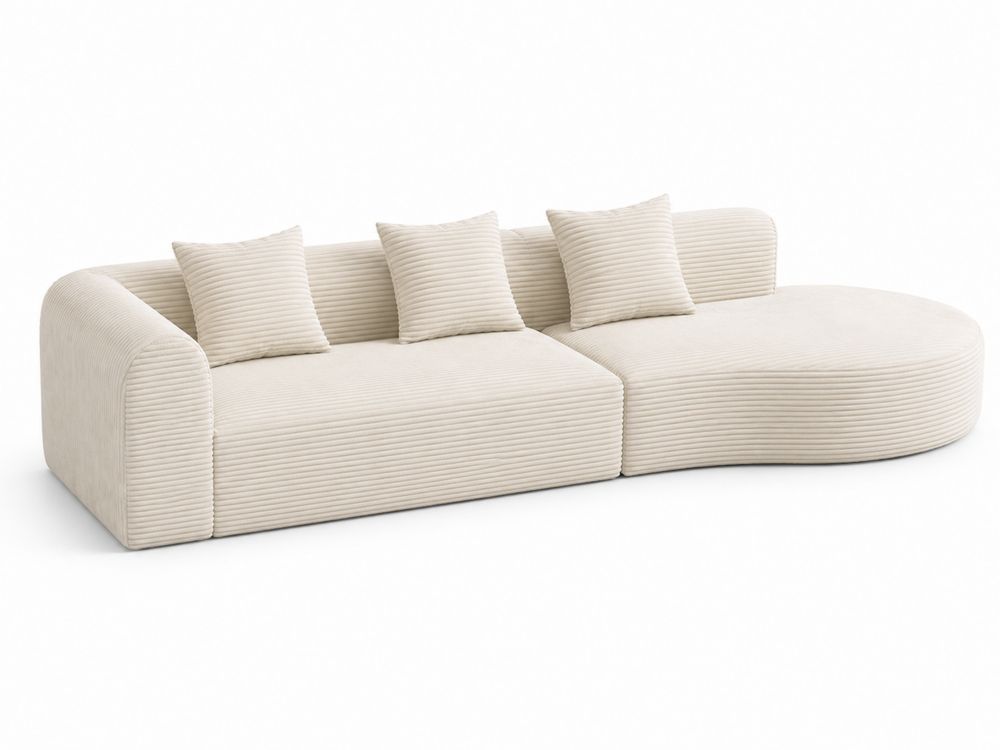 Divano angolare in tessuto a coste crema con chaise longue e cuscini