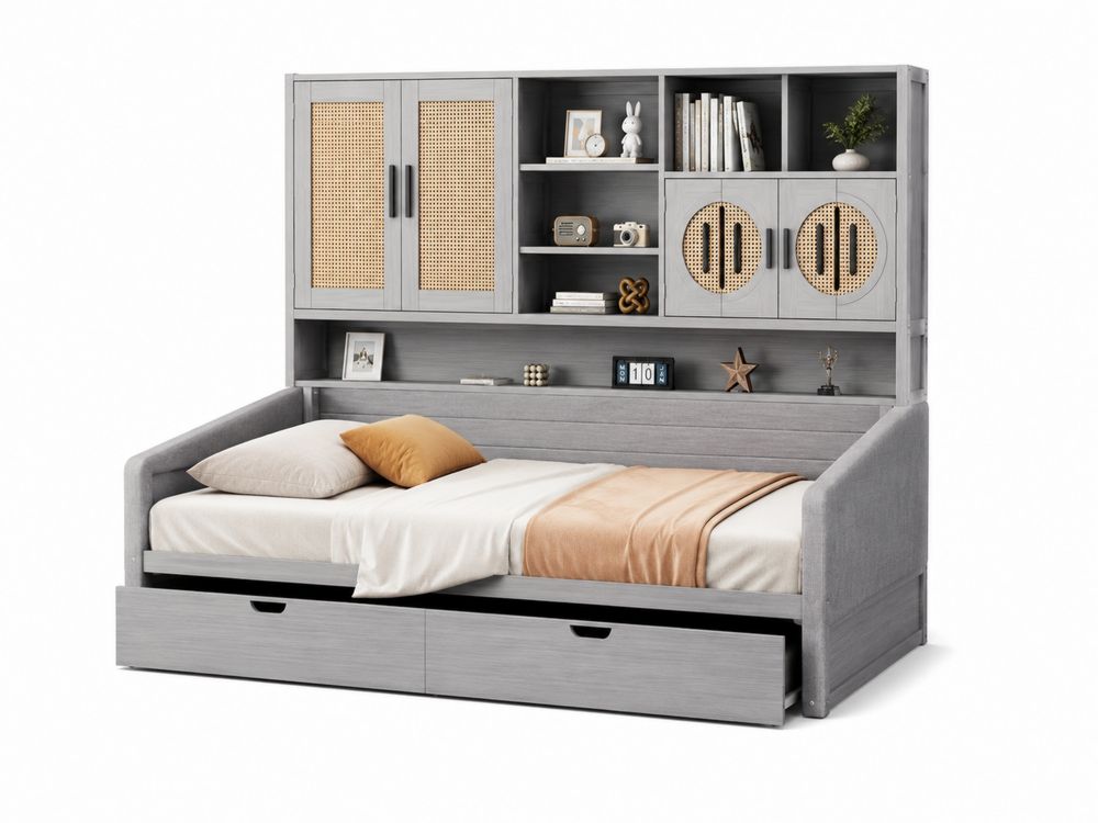 Letto Singolo Grigio con Libreria in Legno e Paglia Intrecciata
