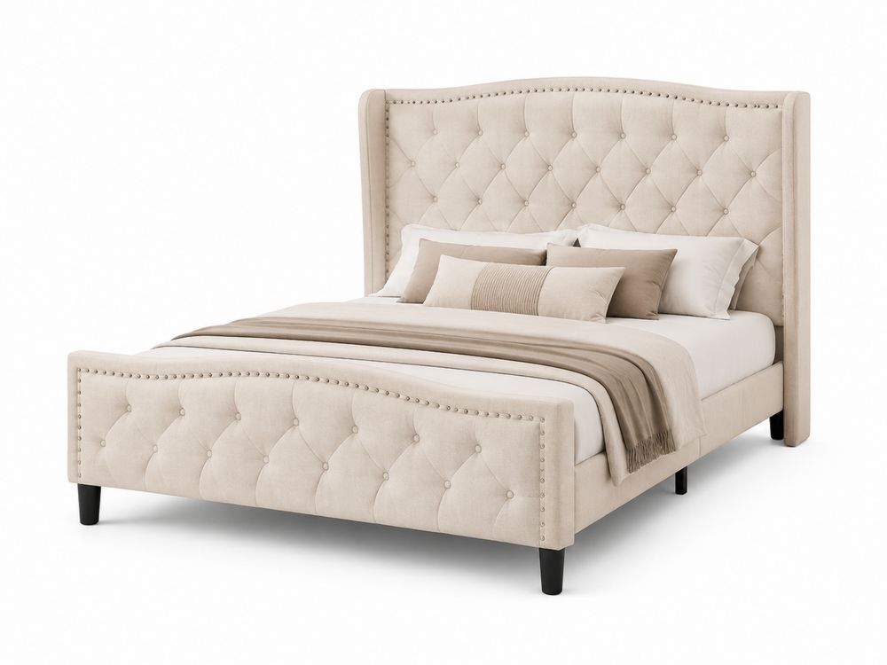 Letto matrimoniale imbottito con testiera in tessuto beige