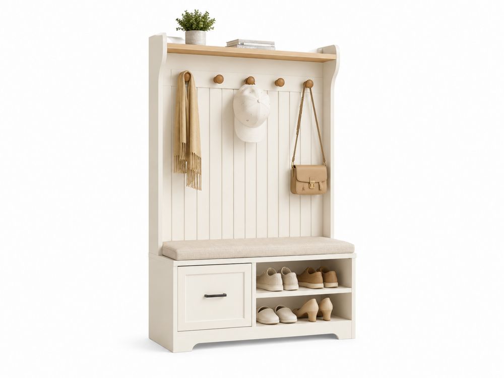 Panca appendiabiti in legno MDF con ripiani e ganci Bianco