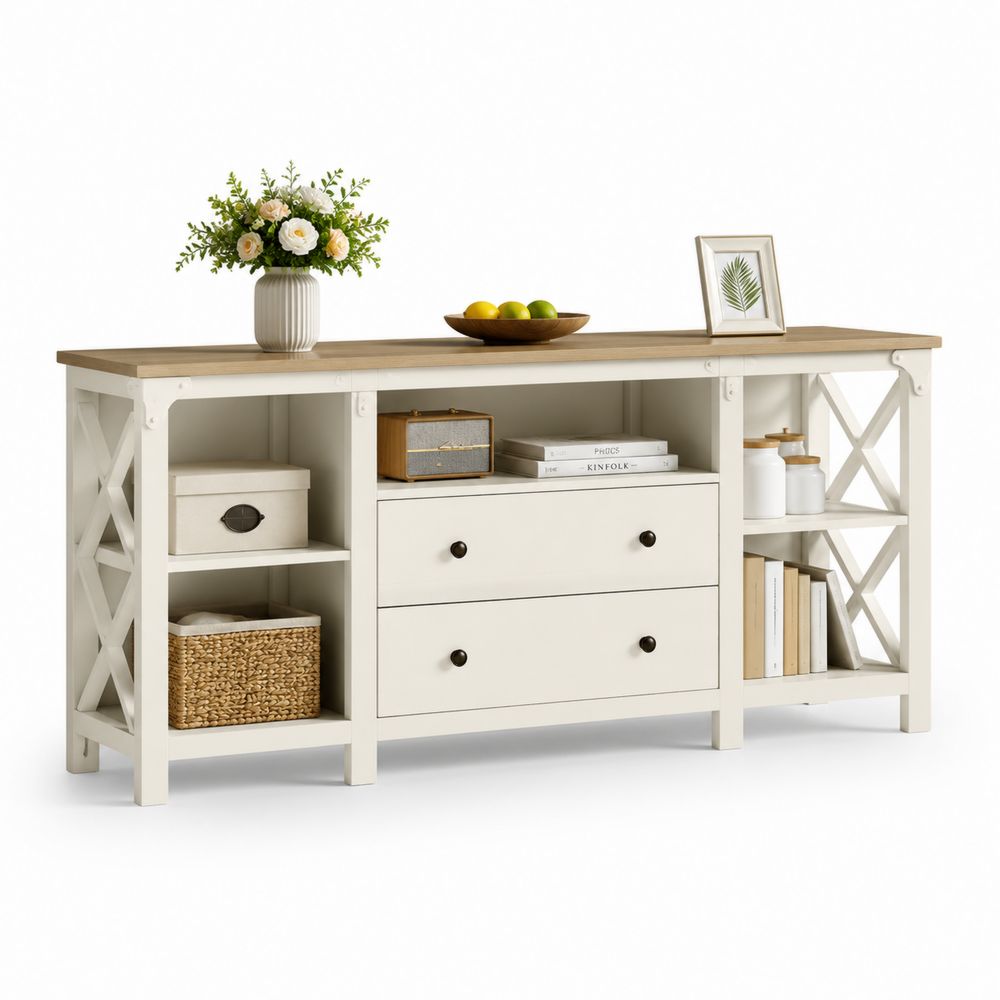 Credenza in legno e MDF Bianco con 2 cassetti 152x40x85 cm