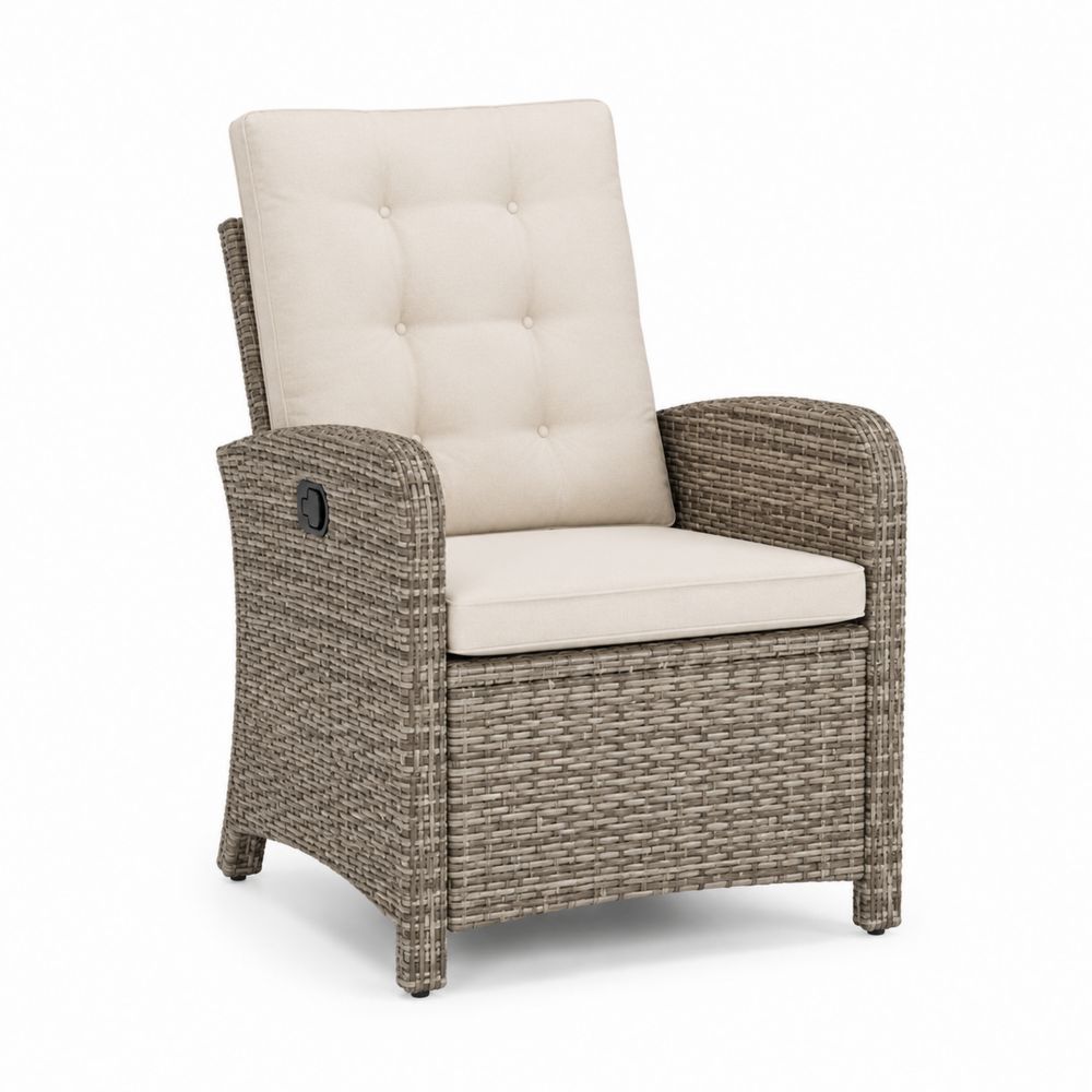 Poltrona Reclinabile in Rattan Sintetico Marrone Chiaro con Cuscini Beige
