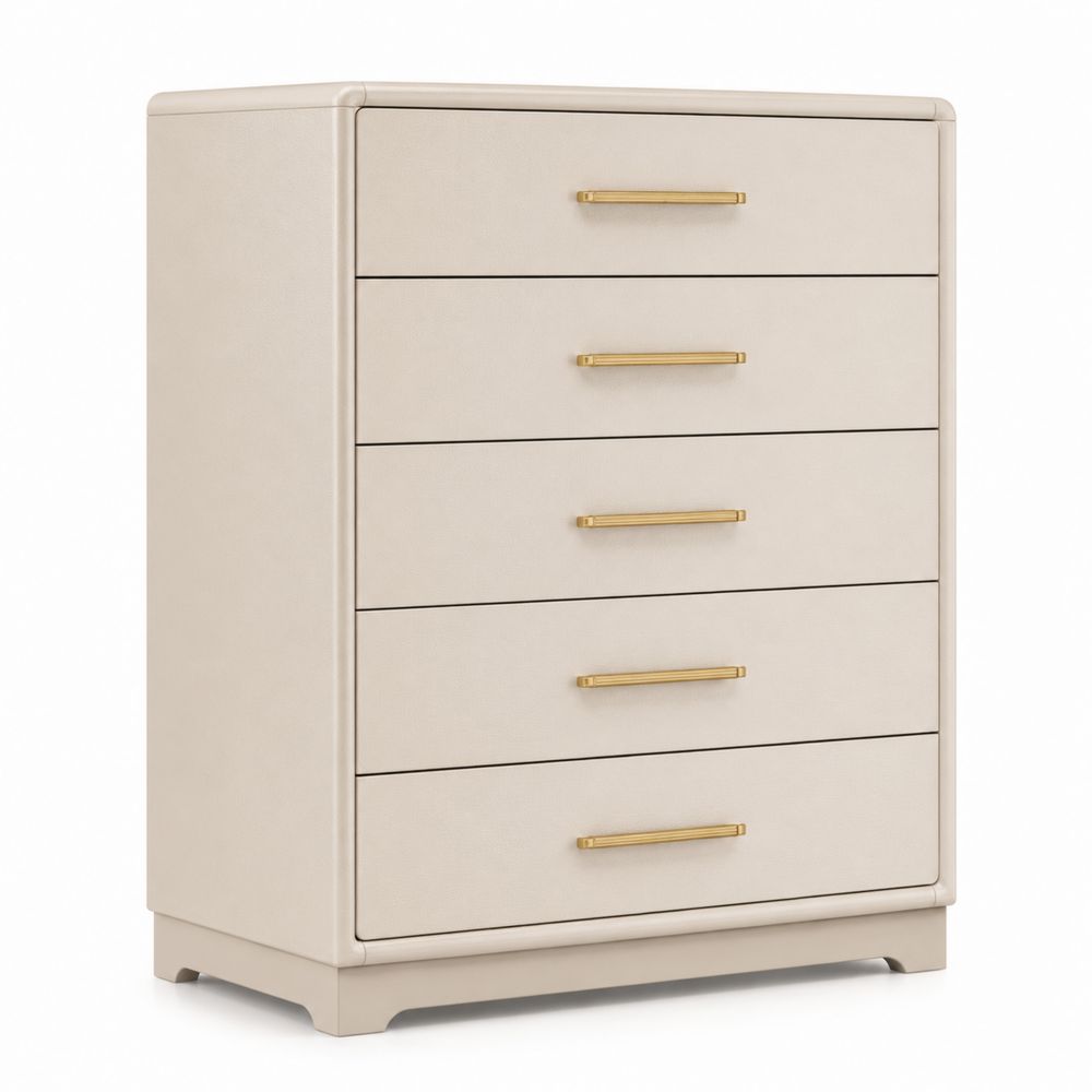 Cassettiera a 5 cassetti effetto legno beige con maniglie in metallo
