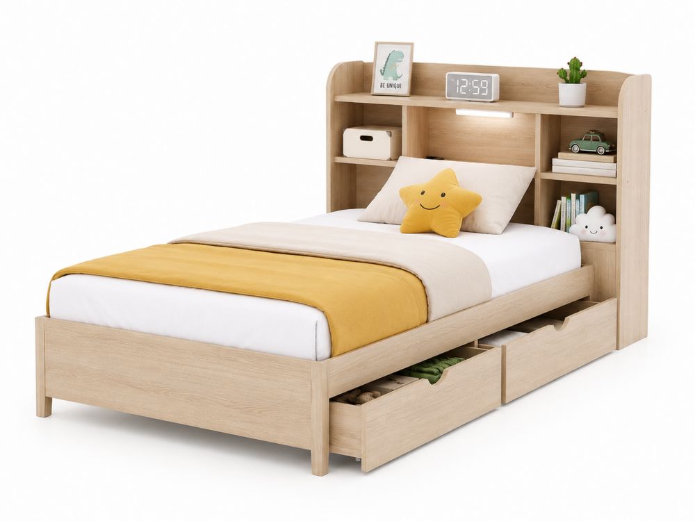 Letto in Legno Chiaro con Libreria e Cassetti