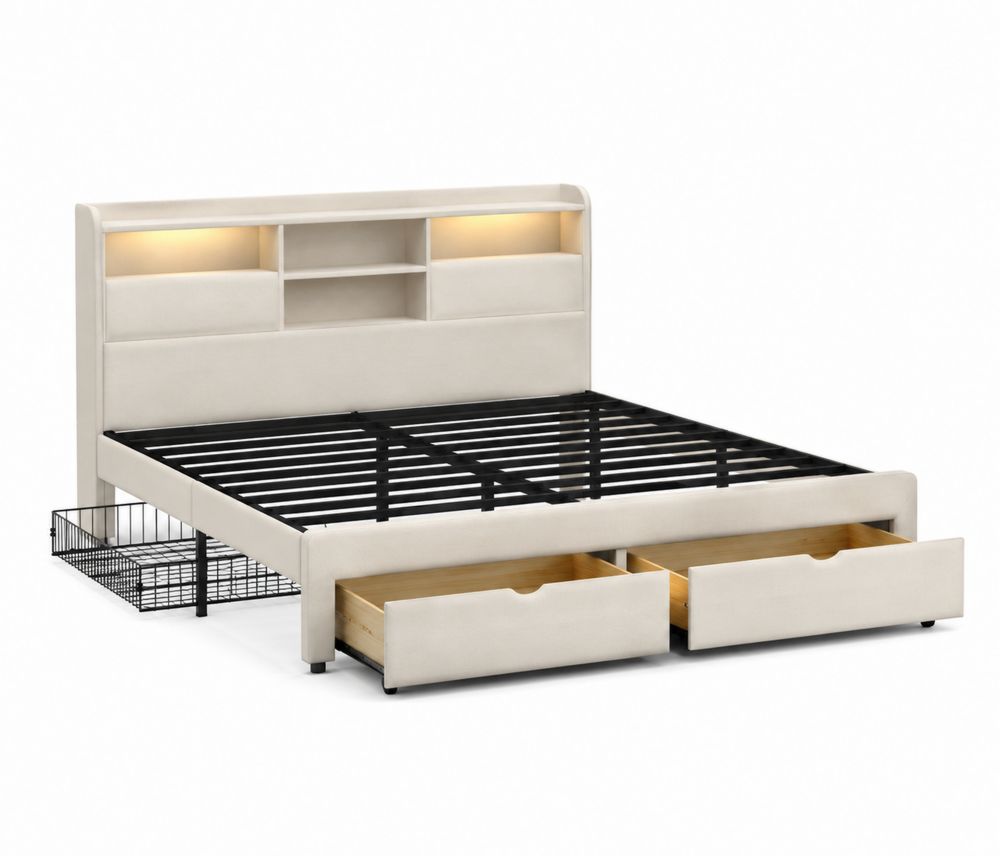 Letto matrimoniale con contenitore e cassetti in legno e metallo Beige
