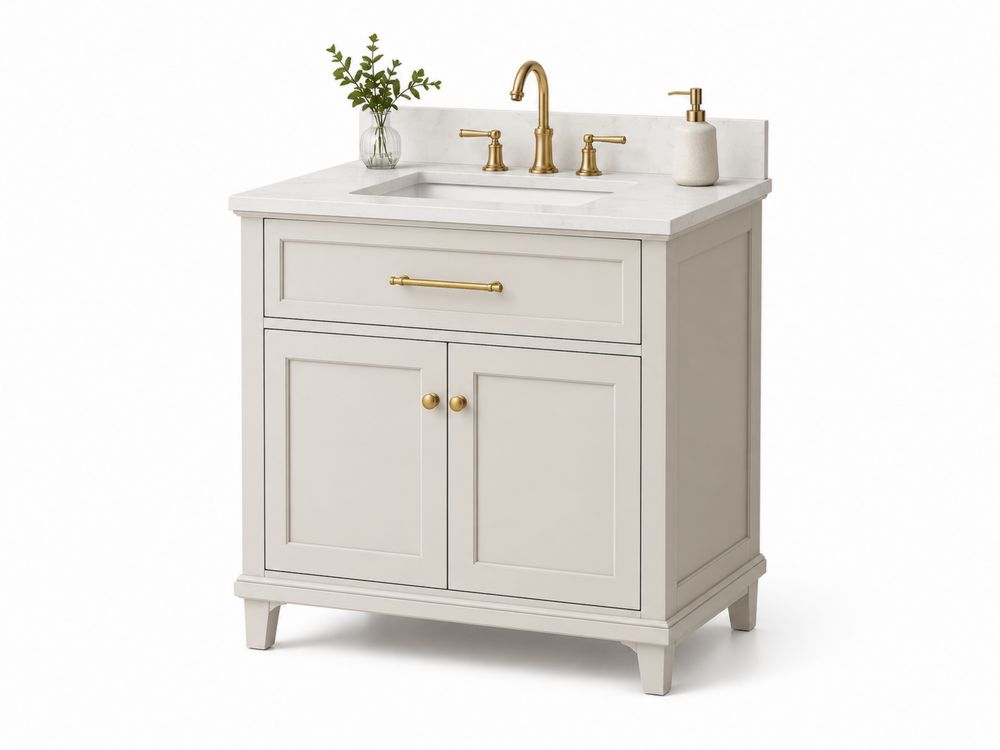 Mobile lavabo singolo in legno con piano in marmo e rubinetto in ottone