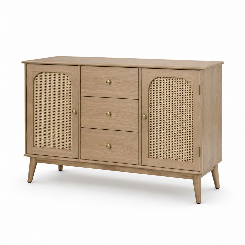 Credenza in Legno di Quercia e Rattan 140x40x80cm Beige