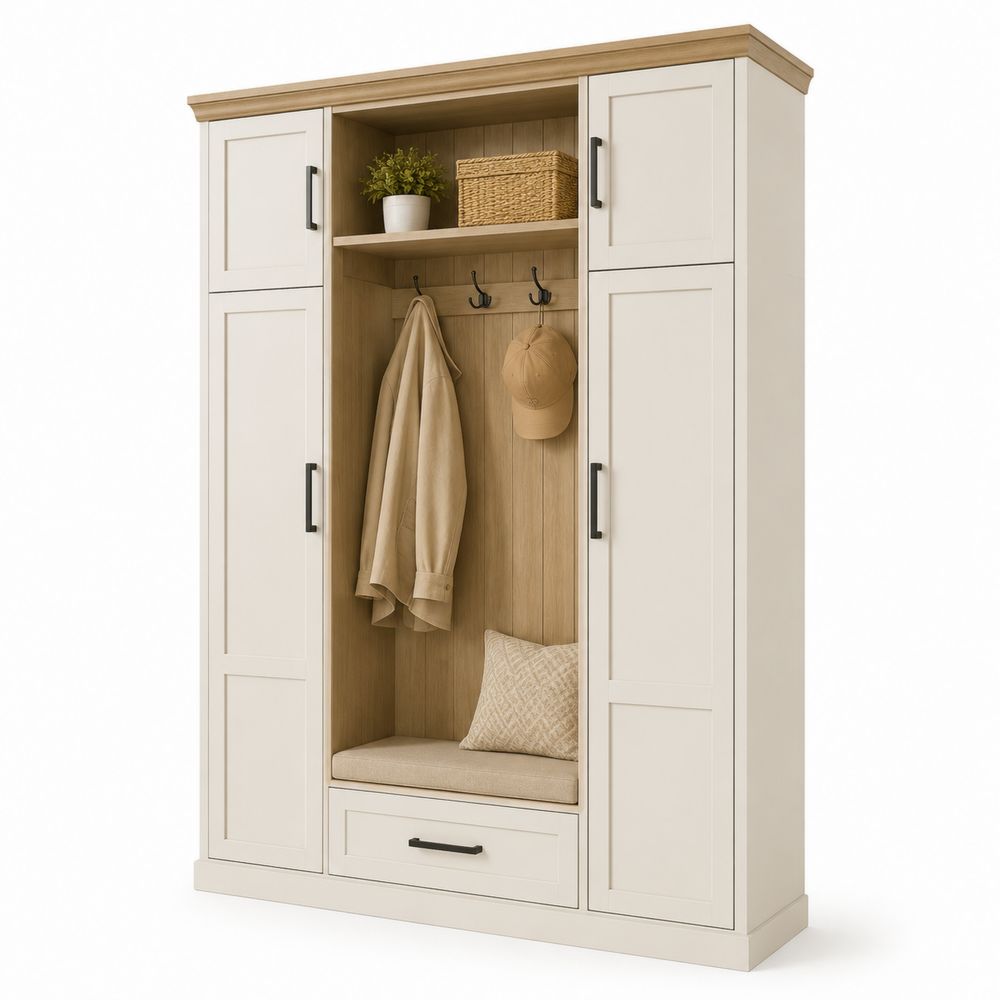 Guardaroba in Legno con Panca, Ganci e Ripiani 200x150x40 cm Bianco e Beige