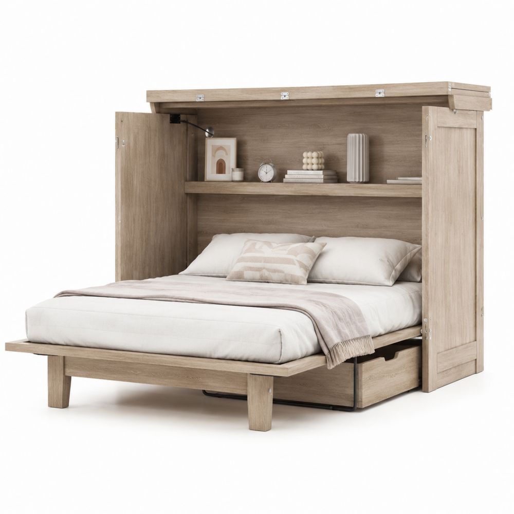 Letto a scomparsa in legno massello con scaffale e cassetti integrati