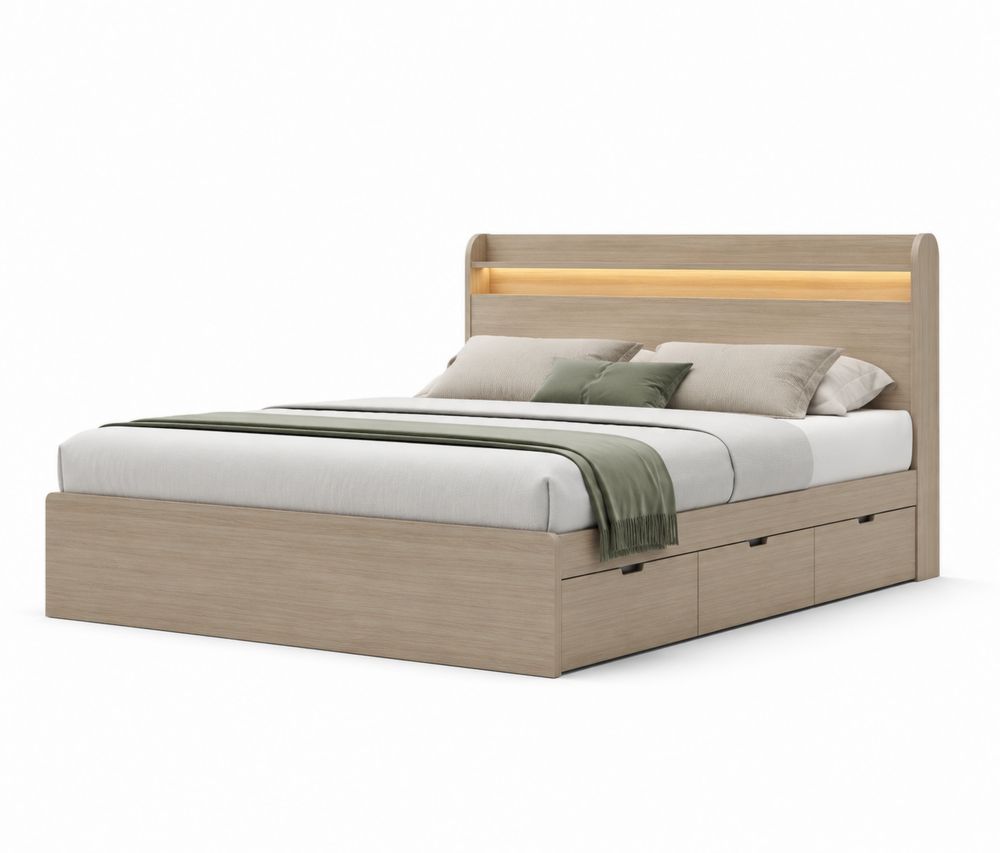 Letto in Legno Rovere Chiaro con Cassetti e LED