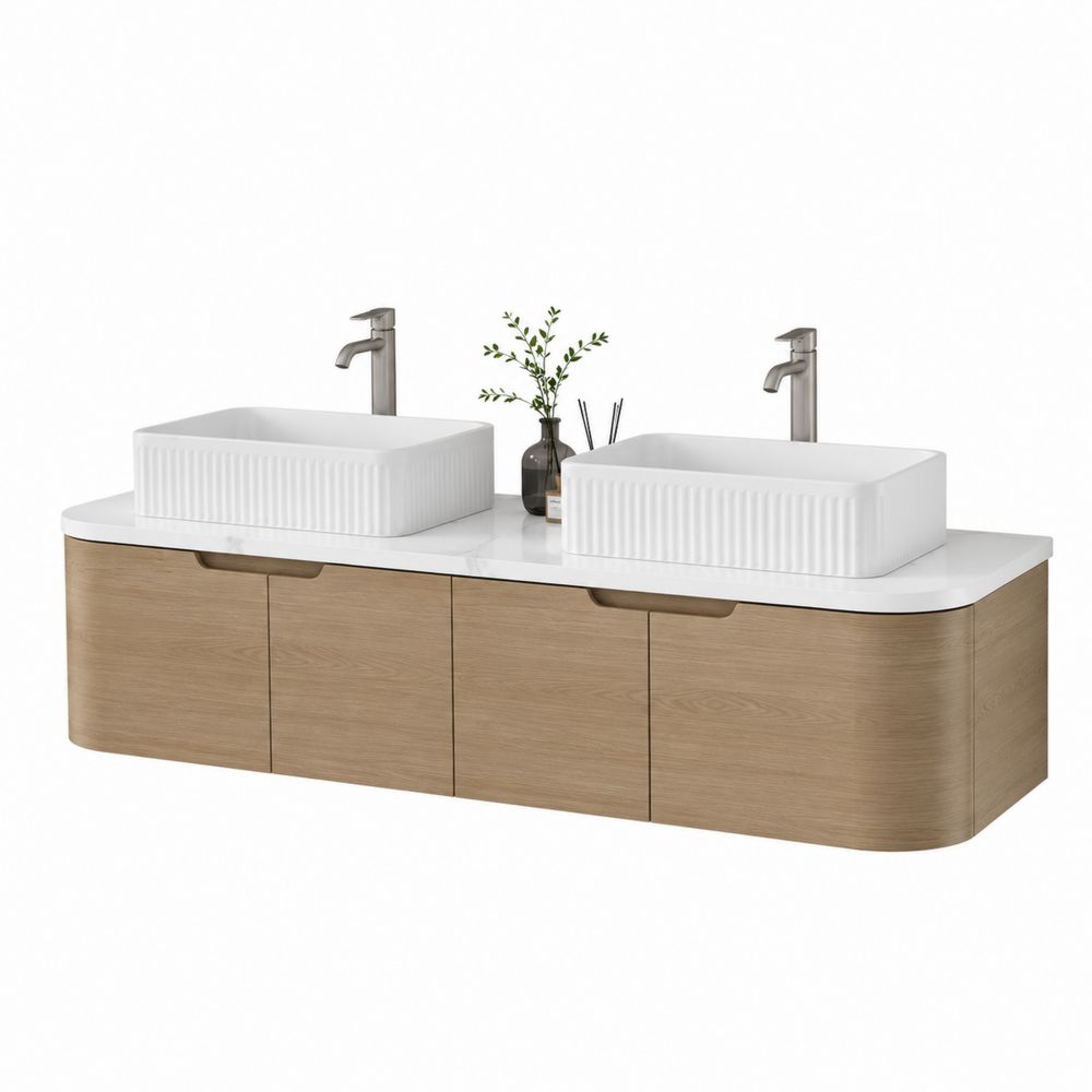 Mobile lavabo doppio con piano in pietra e ante in legno