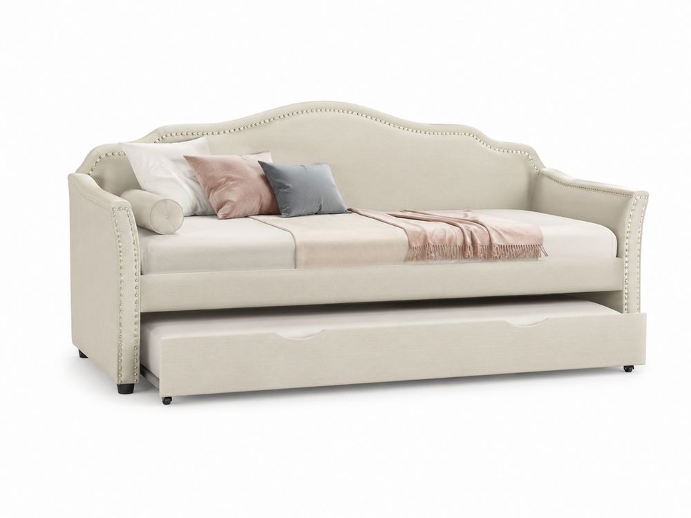 Divano Letto con Cassetto Estraibile in Tessuto Beige
