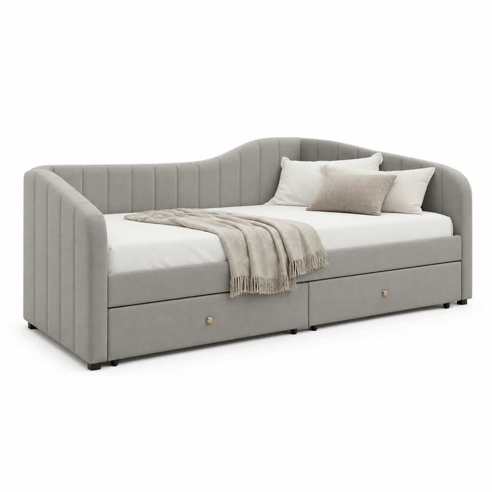 Divano Letto in Tessuto Grigio con Schienale Curvo e Cassetti
