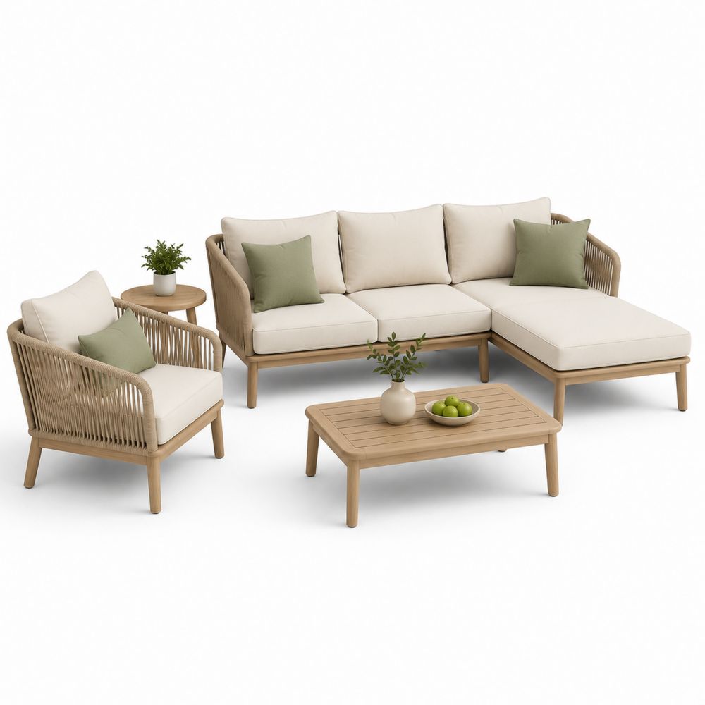 Set da giardino in legno con cuscini in tessuto beige e verde