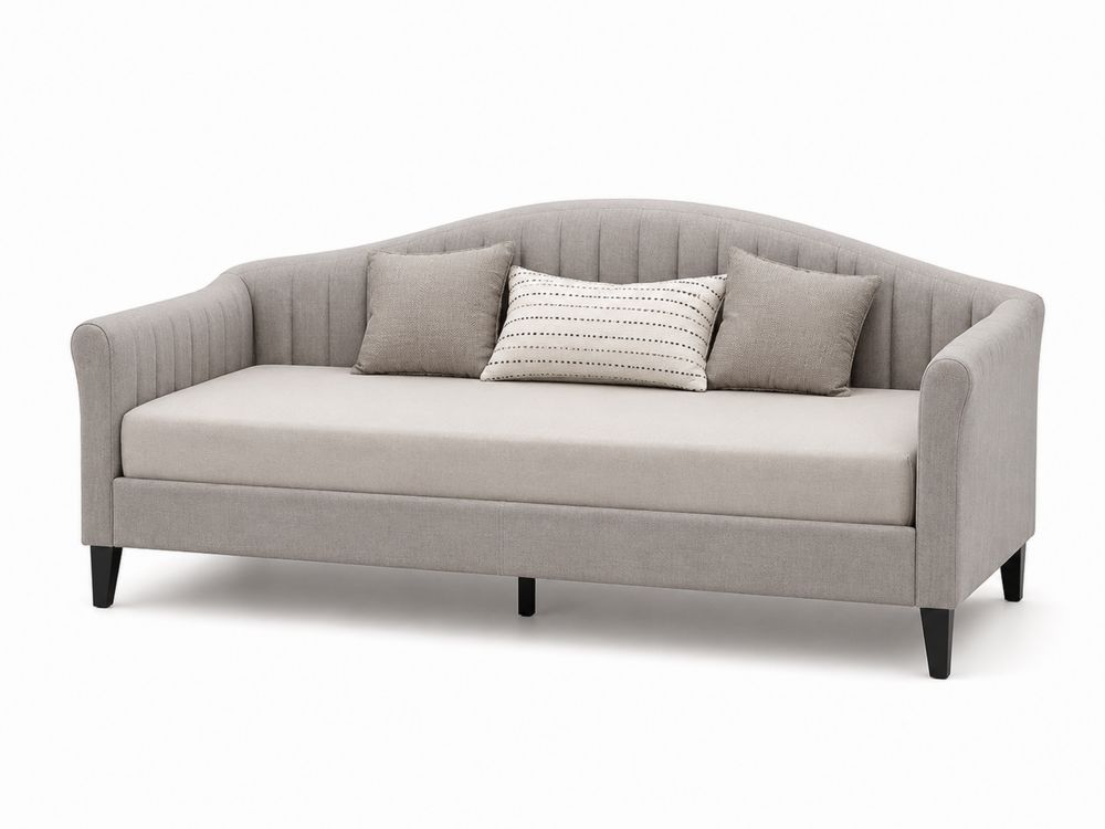 Divano letto in tessuto grigio con cuscini