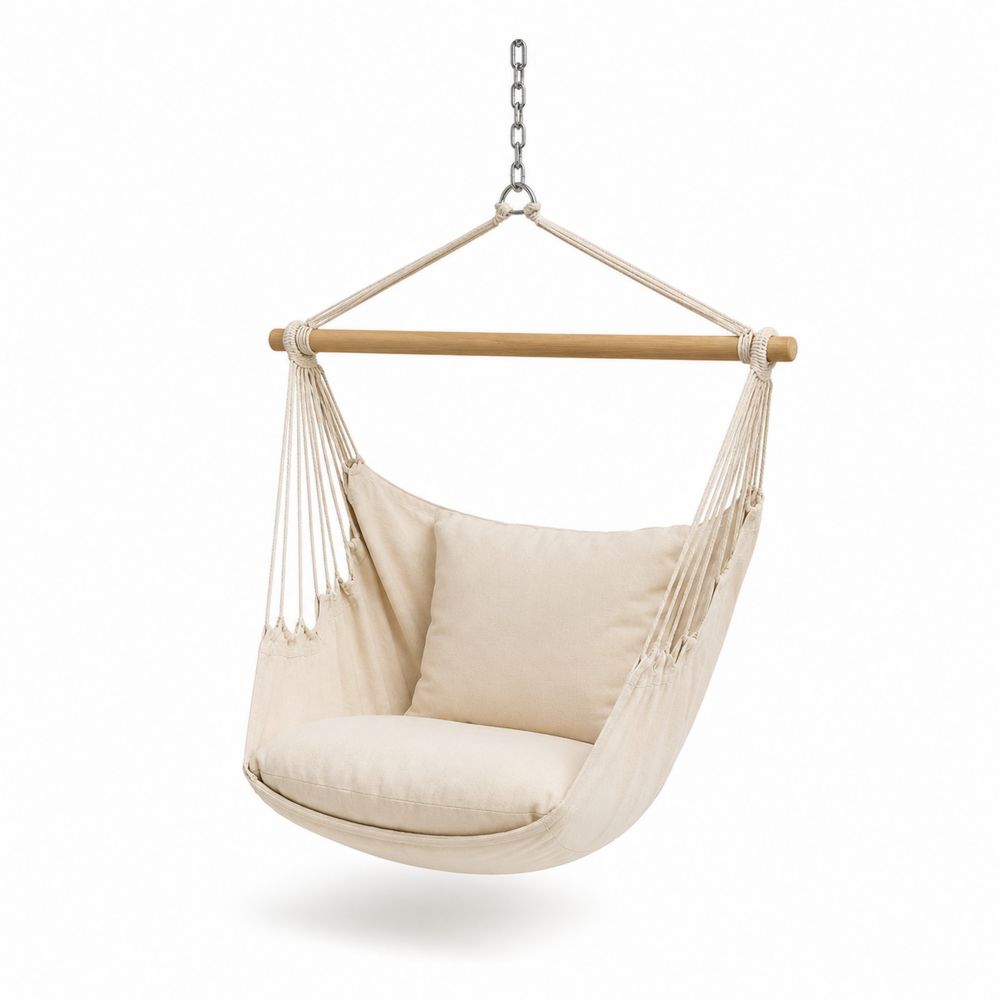 Sedia Amaca in Cotone Beige con Supporto in Legno