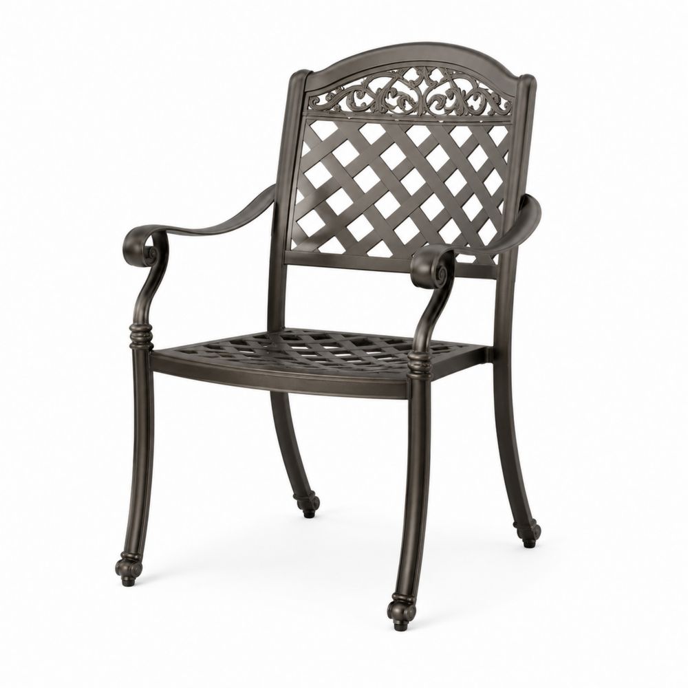Sedia da esterno in metallo nero con schienale decorato