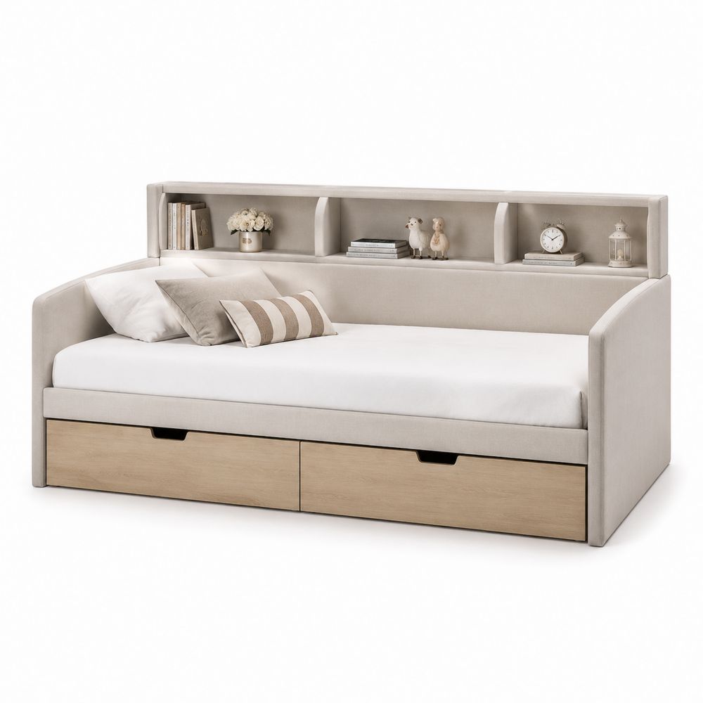 Daybed in tessuto con cassetti e scaffale Beige